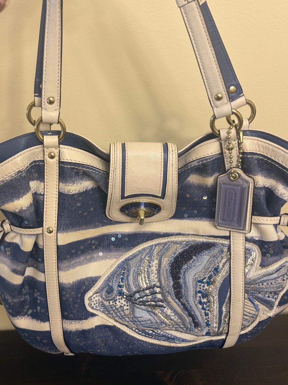 Coach Poppy Nautical Stripe Sequin Fish Tote Handbag Y2K Era